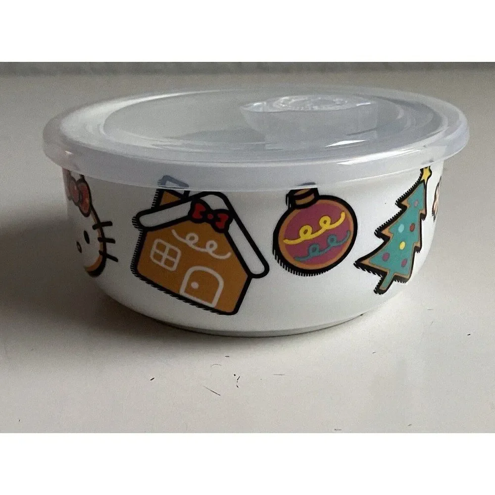Hello Kitty Christmas Pressure Lid Ceramic Food Storage Bowl Container Small NEW